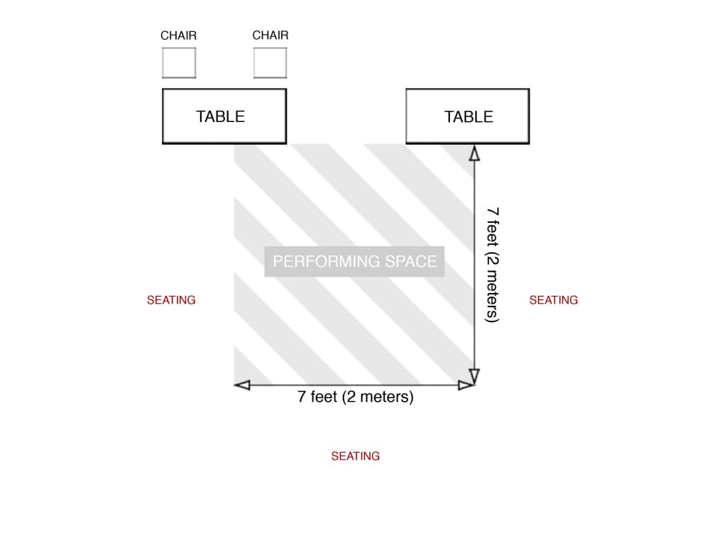 Typical floor plan with a 7 by 7 foot stage area and audience seating.